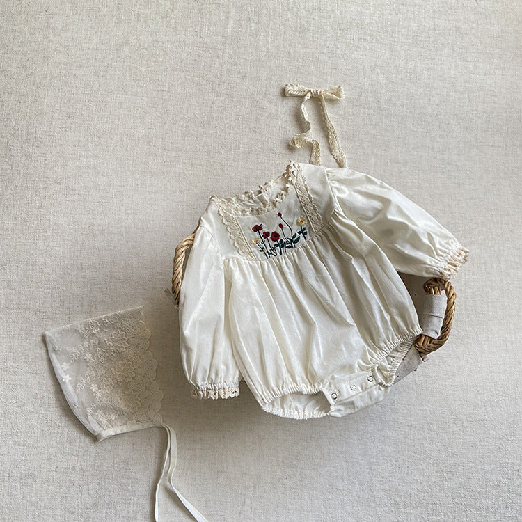 Baby Solid Color Embroidered Pattern Long Sleeve Onesies With Hat