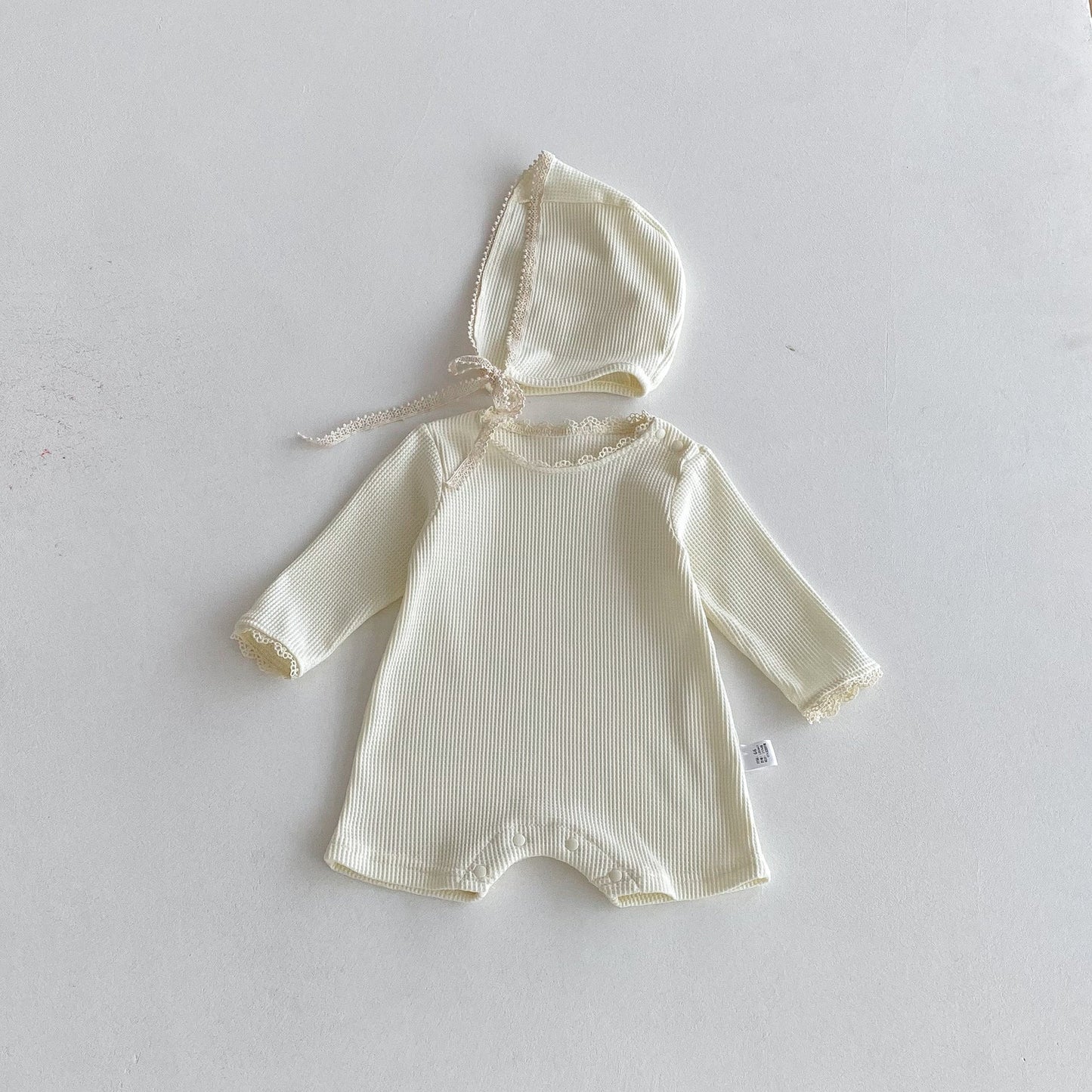 Autumn Arrival Baby Unisex Long Sleeves Lace Trim Decorated Waffle Grid Onesies with Hat