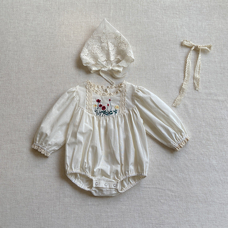 Baby Solid Color Embroidered Pattern Long Sleeve Onesies With Hat