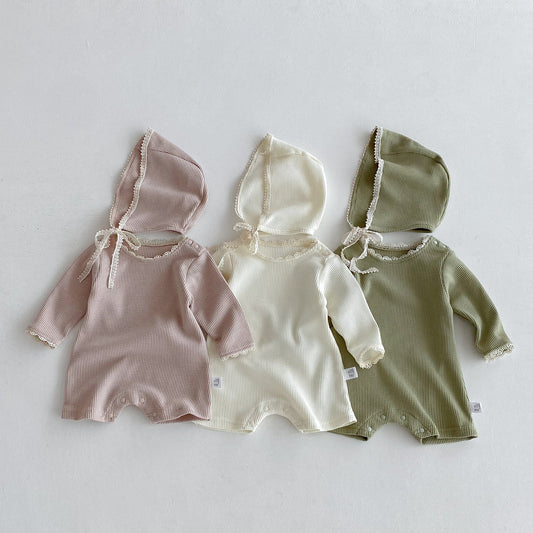 Autumn Arrival Baby Unisex Long Sleeves Lace Trim Decorated Waffle Grid Onesies with Hat